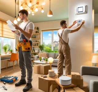 A wide thumbnail image depicting two engineers actively involved in eco friendly home improvements inside a house.