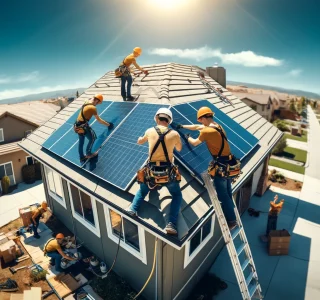 3 A wide image of a team of engineers installing a solar panel on the roof of a suburban house.